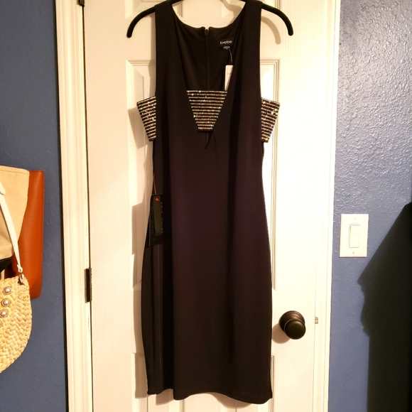 Bebe Cut Out Rhinestone Embellished LBD BNWT - Picture 2 of 11